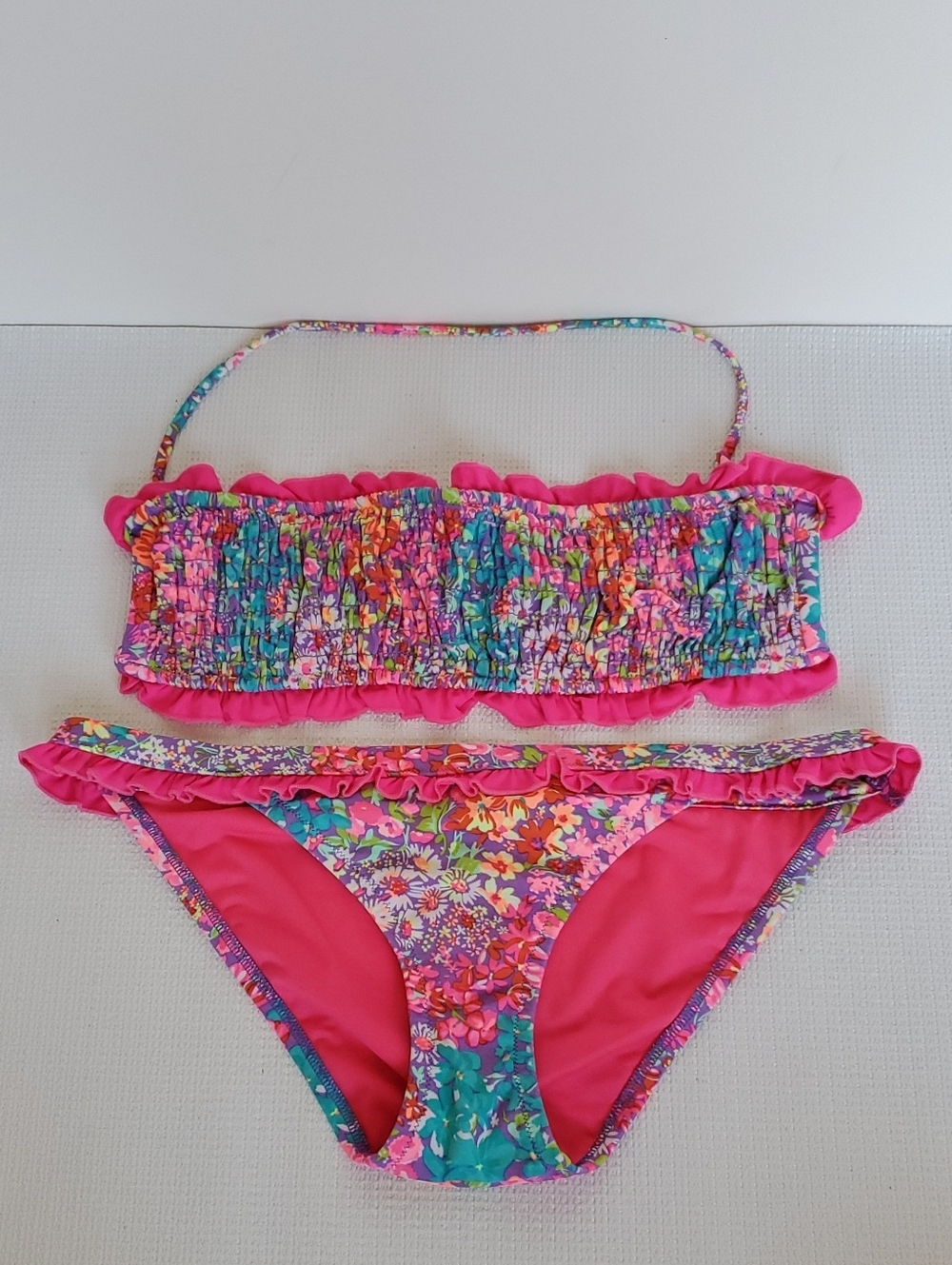 Victoria's Secret Floral Pink Ruffle Bandeau Bikini Bathing Suit